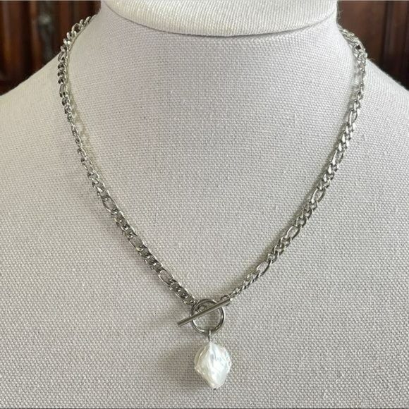 NEW Silver Plated Chain Link Baroque Freshwater Pearl Pendant Necklace 17.5in - Picture 1 of 7